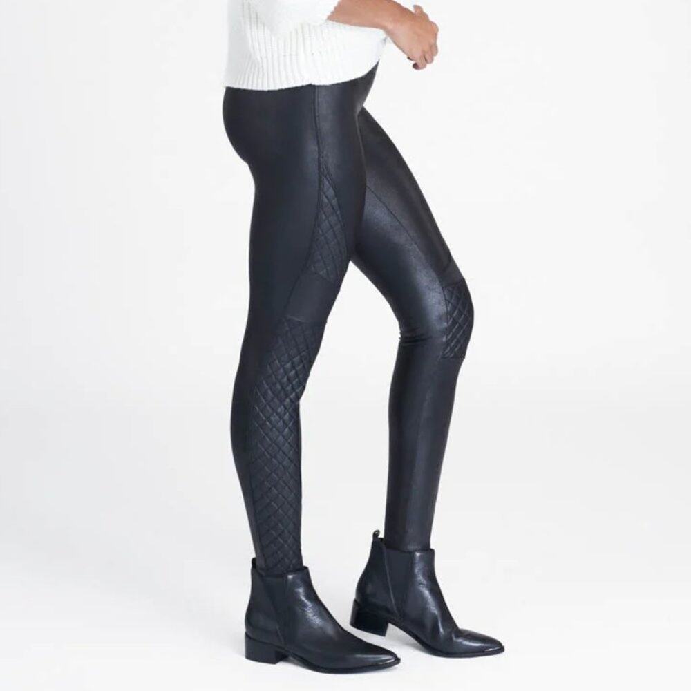 SPANX Quilted Faux Leather Moto Leggings Very Black Size Small